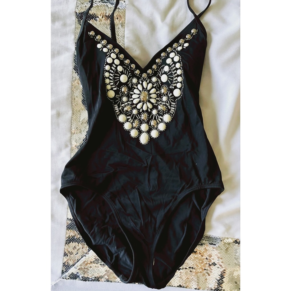 Newport News One Piece Beaded Embellished Black Bathing Suit 6